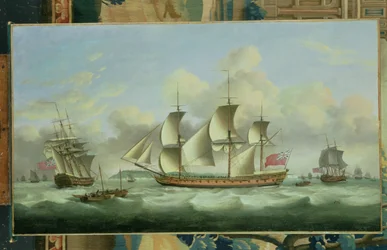 Drei britische Fregatten vor der Küste, 1782
